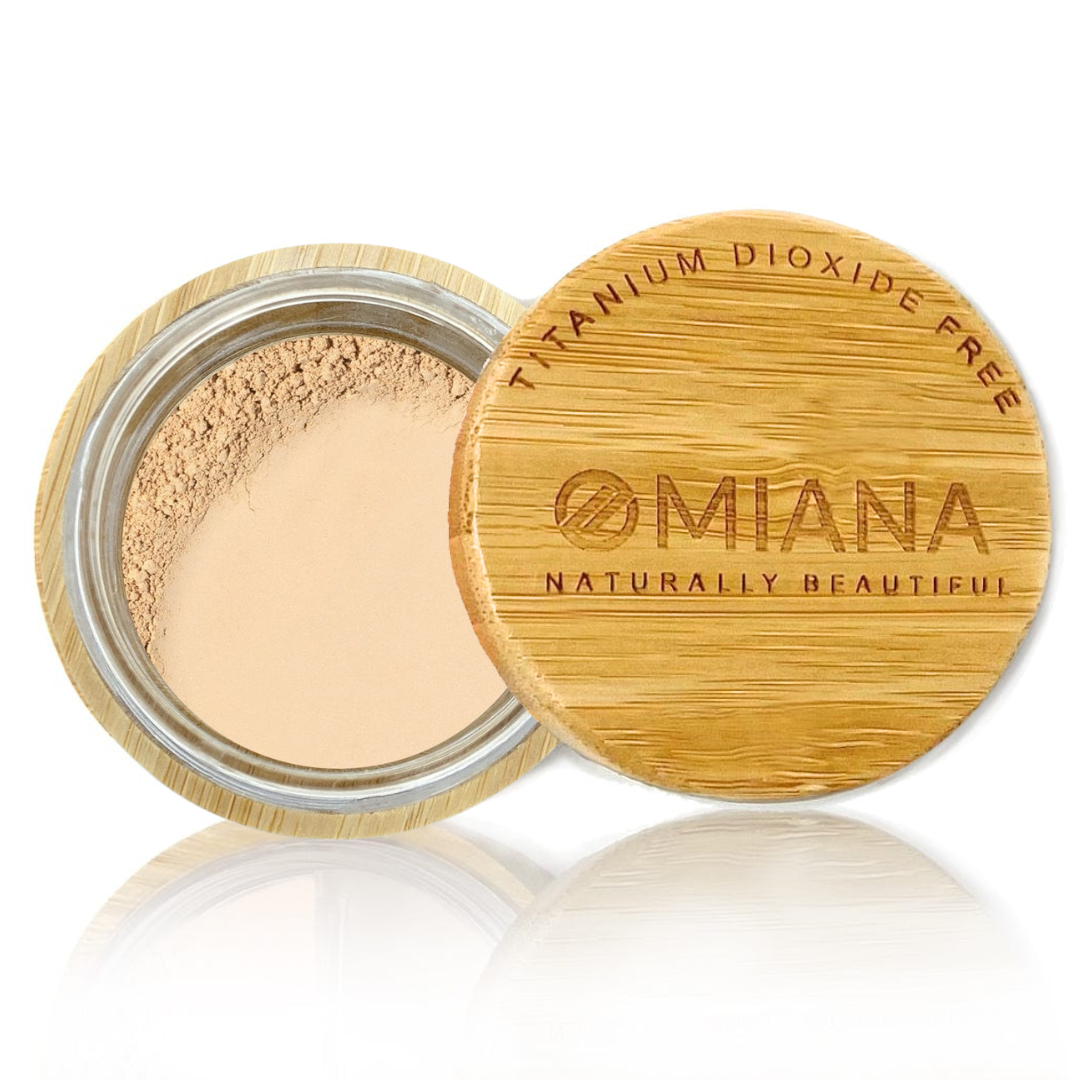 Omiana Gorgeous Loose Powder Mineral Foundation - Without Mica, Titanium Dioxide, & More! - swatch on white background