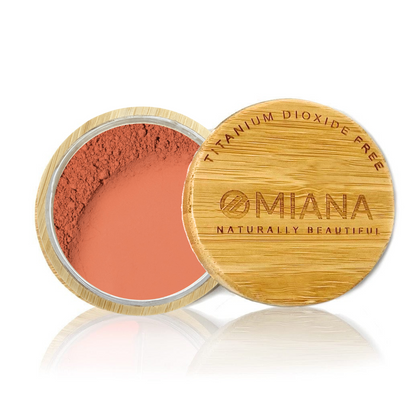Omiana Loose Powder Mineral Blush Makeup in a bamboo container on a white background