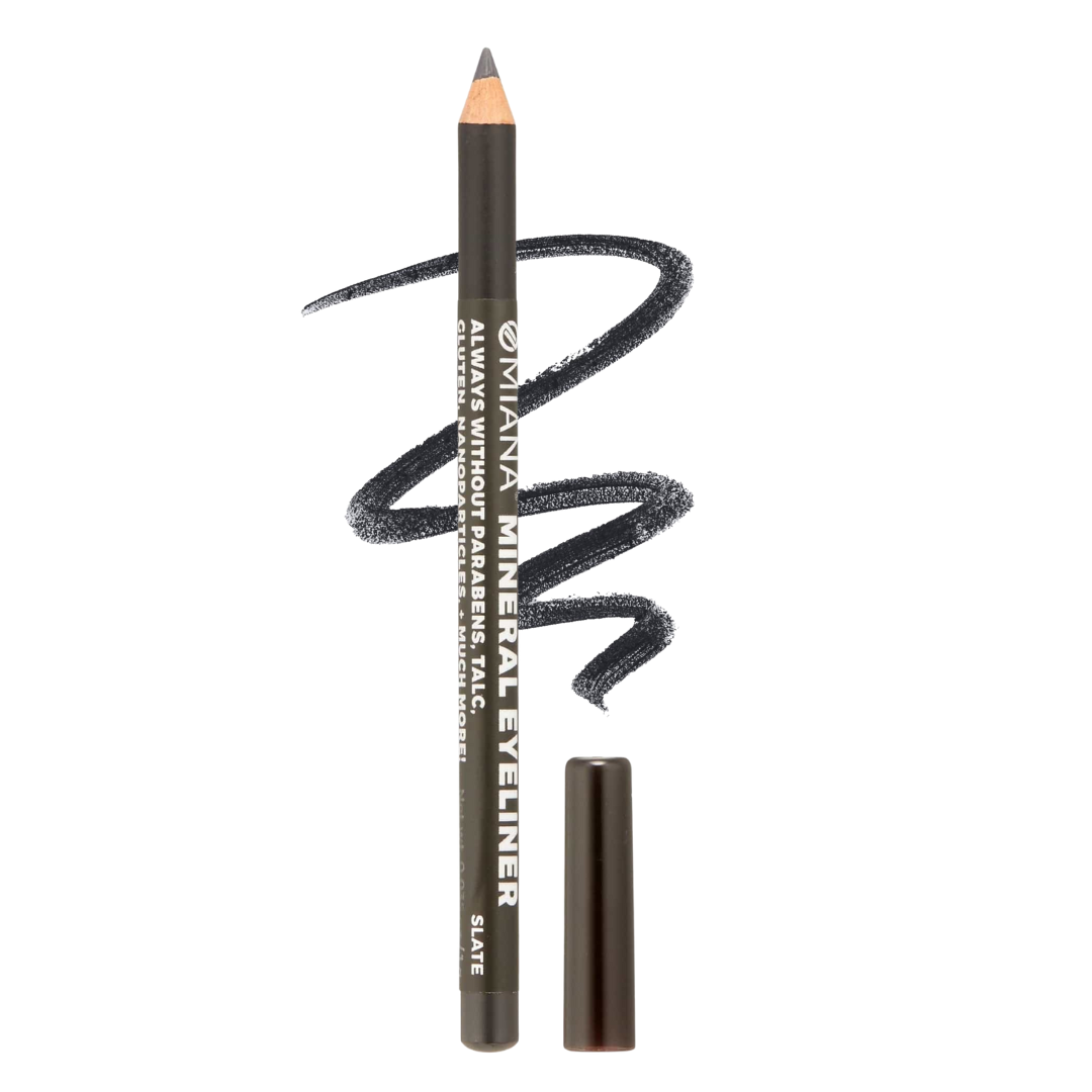 Slate mineral makeup eyeliner pencil with a swatch on a white background | Omiana