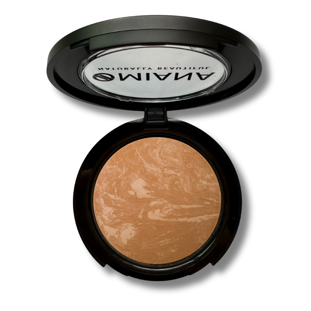 Open Mineral Makeup compact with beige baked cream powder and visible Omiana brand name on a white background