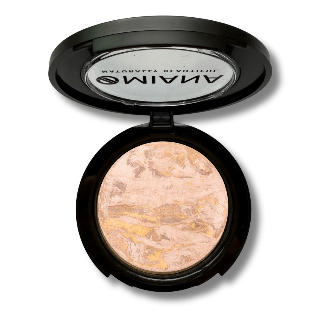 Open Mineral Makeup compact with beige baked cream powder and visible Omiana brand name on a white background