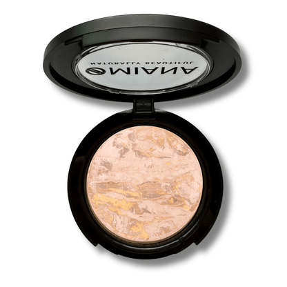 Open Mineral Makeup compact with beige baked cream powder and visible Omiana brand name on a white background