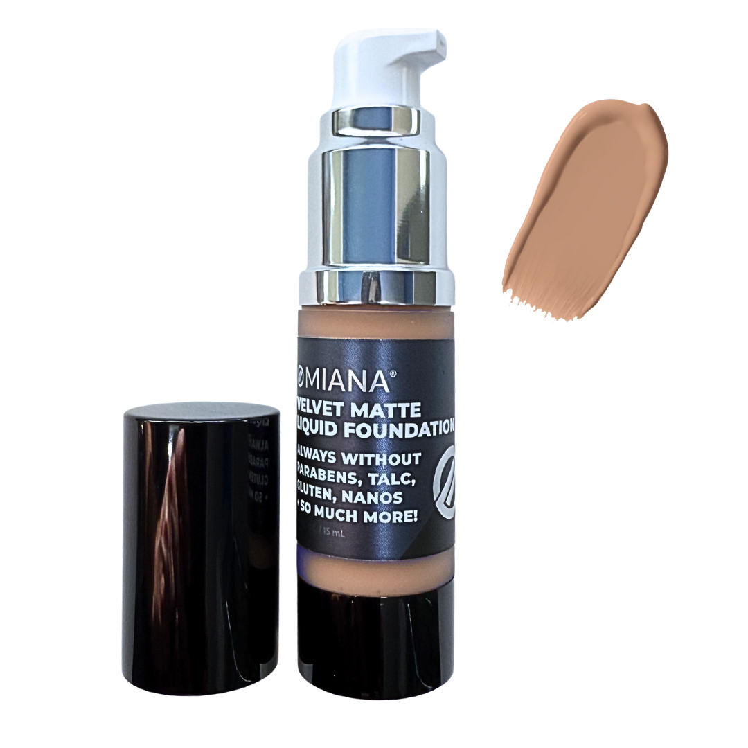 Omiana Velvet Matte Liquid Foundation with pump and swatch on white background