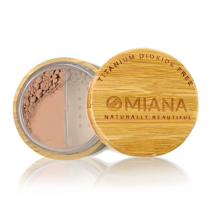 Omiana Loose Powder Mineral Bronzer Makeup in vegan bamboo container with bamboo lid on white background