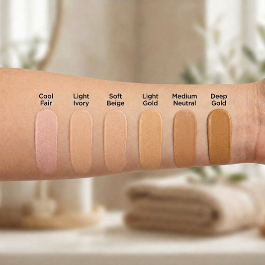 Omiana Tinted Nourishing Moisturizer shade swatches on arm featuring Cool Fair, Light Ivory, Soft Beige, Light Gold, Medium Neutral, and Deep Gold.