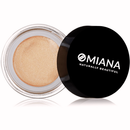Mineral Makeup Clean Beauty Highlighter jar with lid open with golden beige colored contents by Omiana