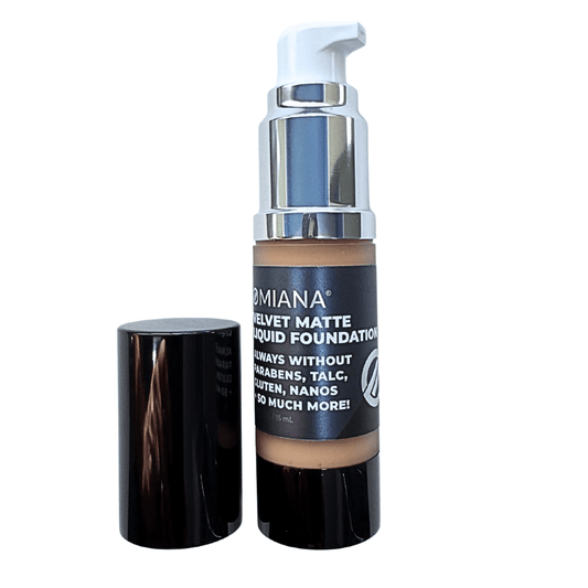 Omiana Velvet Matte Liquid Foundation with pump and swatch on white background